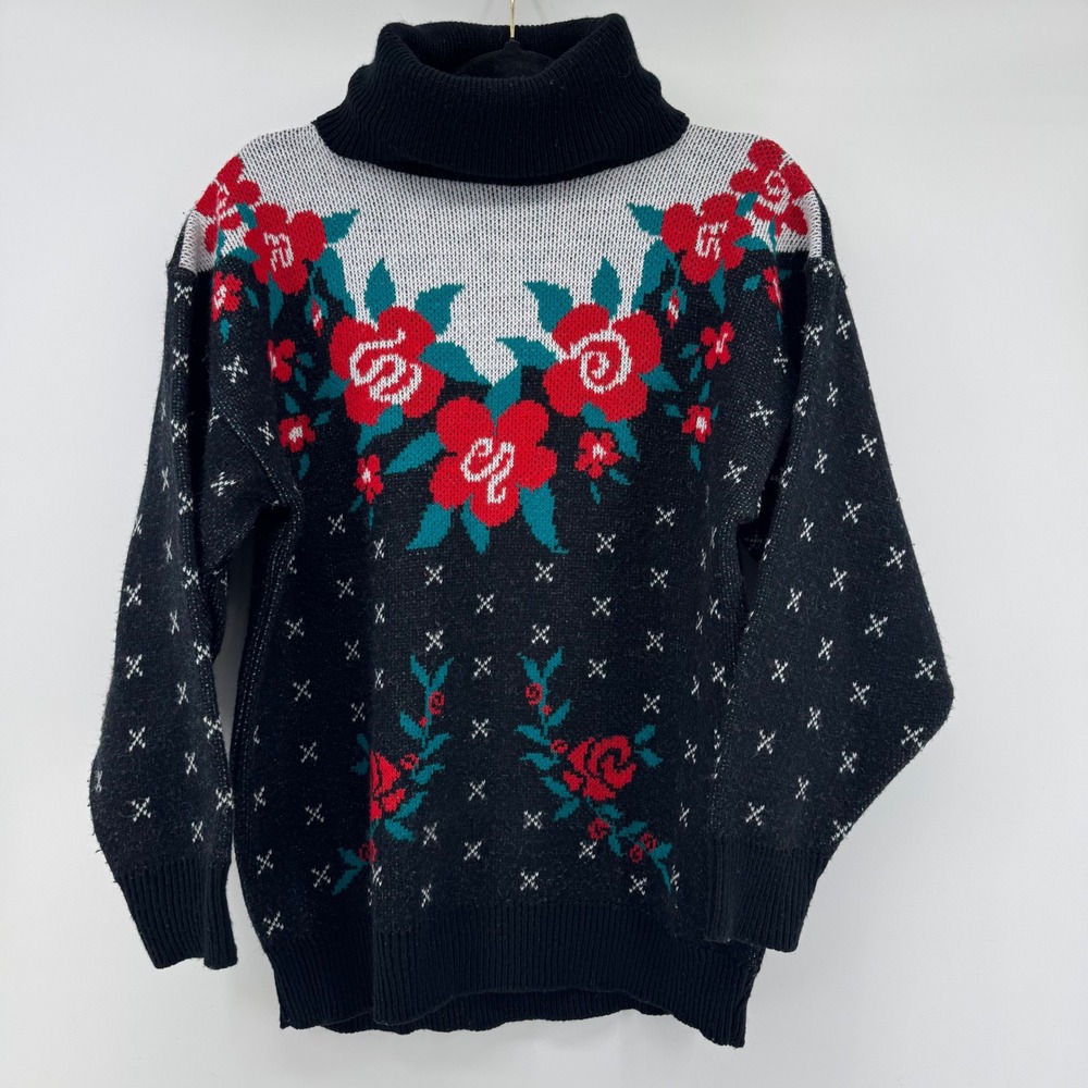 Vintage 80s Rose Pattern Sweater Black Floral Turtleneck Grannycore Cottagecore